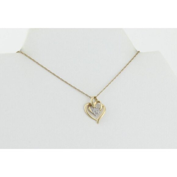 10k Yellow Gold Diamond Heart Necklace 19" Chain - Picture 6 of 7